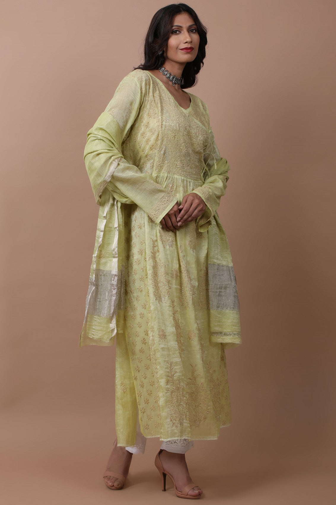 Ada Hand Embroidered Lime Green Tissue Lucknowi Chikankari Semi-stitched Kurta Dupatta Set With Muqaish Work 01A238364