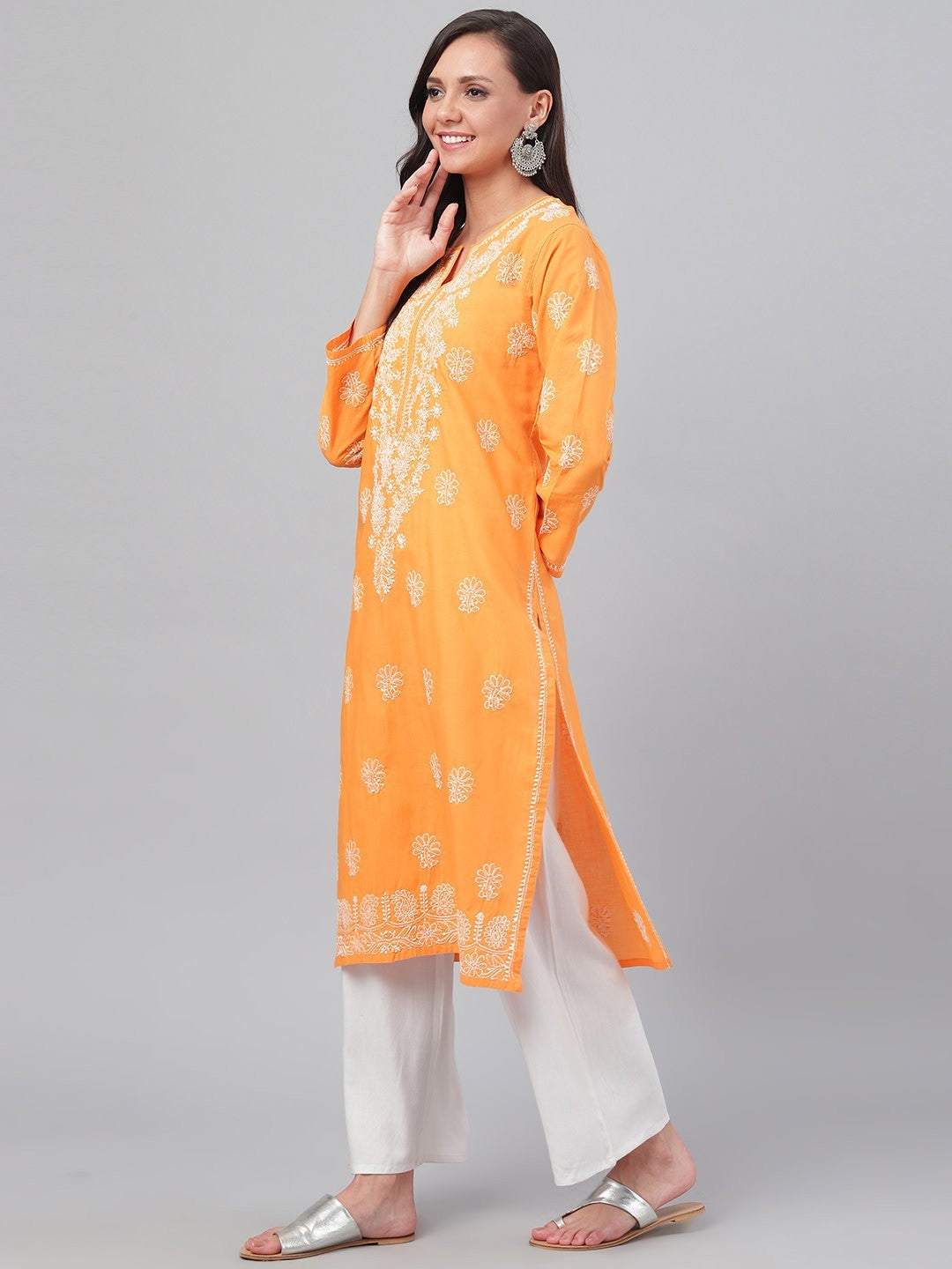Ada Hand Embroidered Mustard Cotton Lucknowi Chikankari Straight Kurta A100472