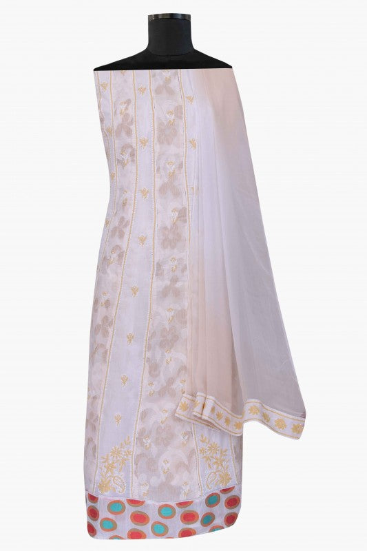 Ada Hand Embroidered White Cotton Lucknowi Chikankari Unstitched Anarkali Set A23220