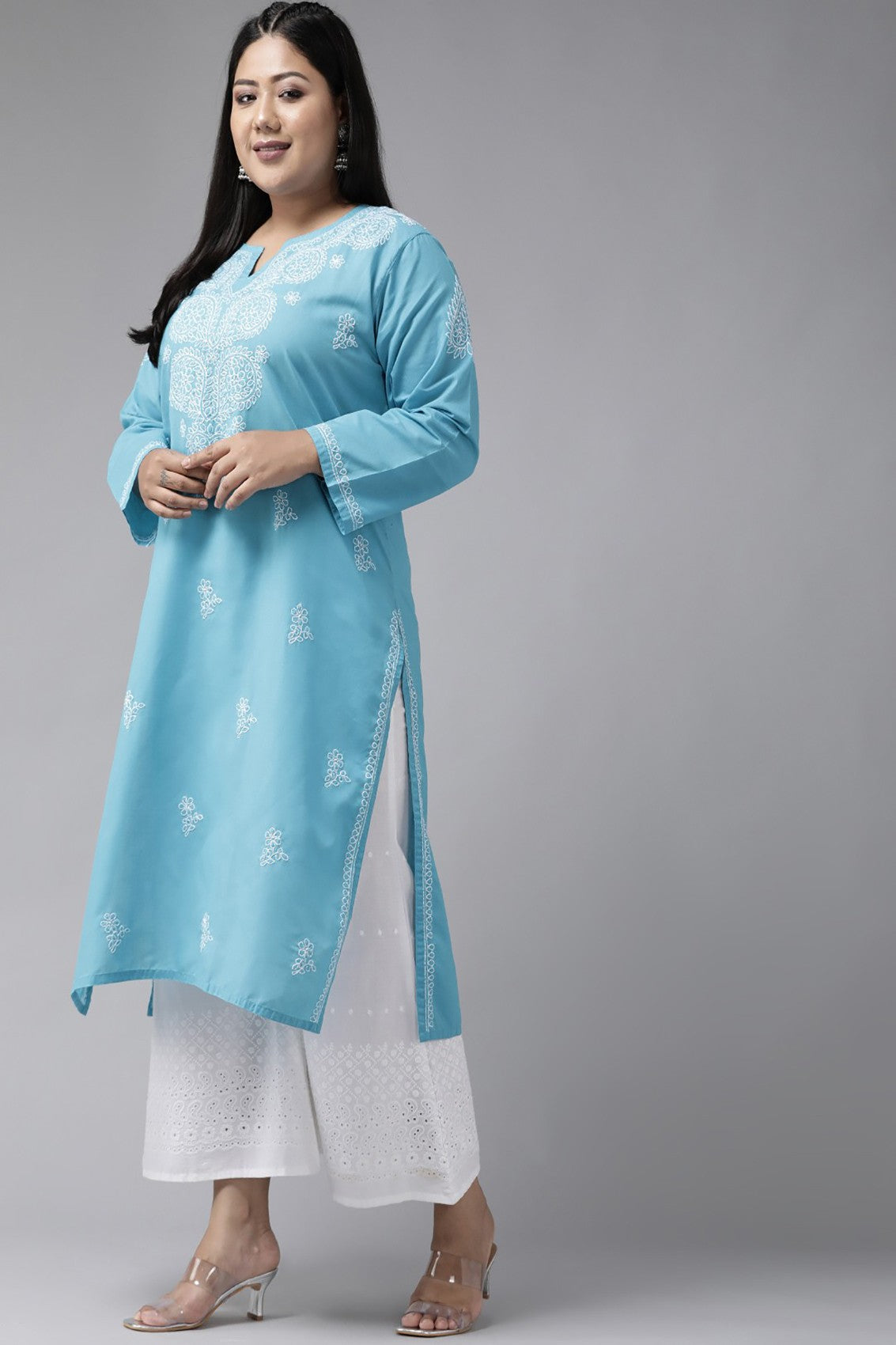 Ada Hand Embroidered Blue Cotton Lucknowi Chikankari Straight Kurta A197497