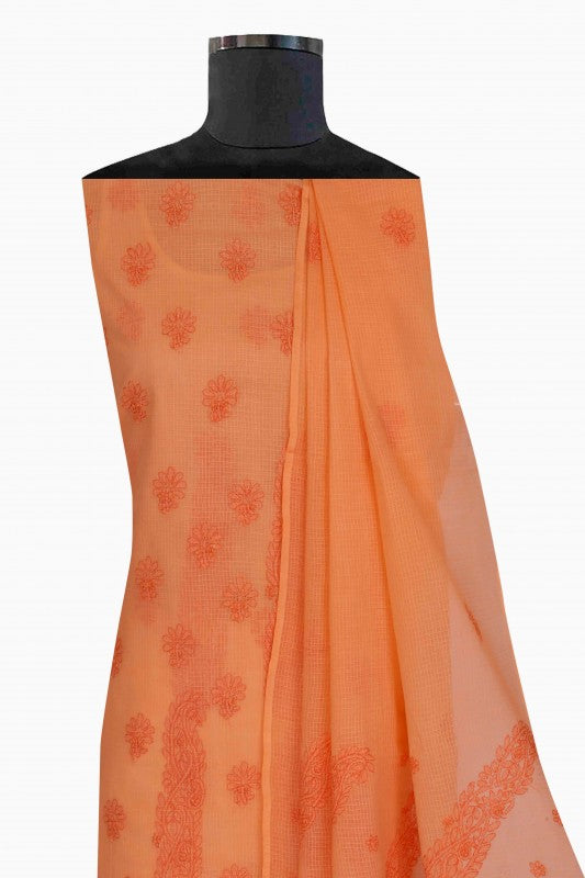 Ada Hand Embroidered Salmon Peach Kota Lucknowi Chikan Unstitched Kurta Dupatta Set-A596893