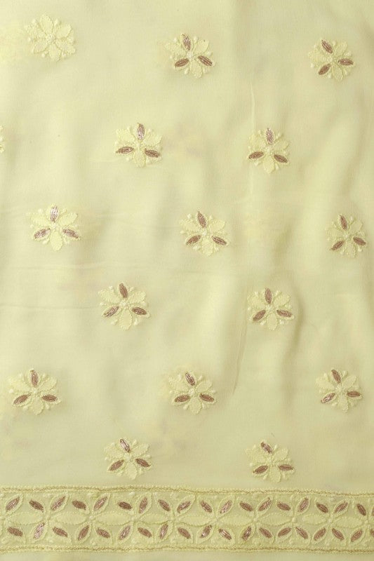 Ada Hand Embroidered Lemon Georgette Lucknowi Chikan Unstitched Kurta Dupatta Set With Gota Patti Work- A613195