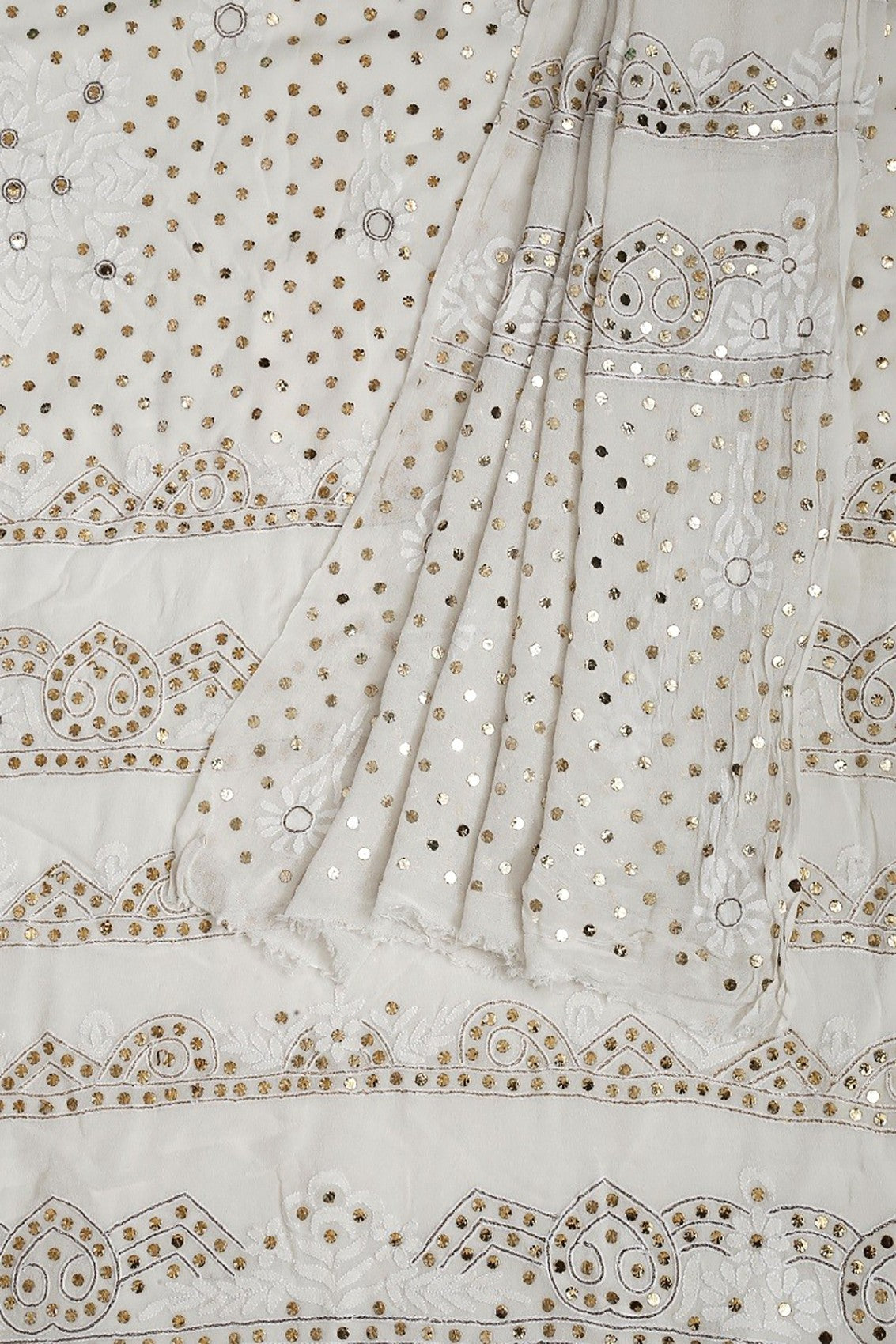 Ada Hand Embroidered White Pure Georgette Lucknowi Chikankari Unstitched Kurta Dupatta Set With Muqaish Work A414396