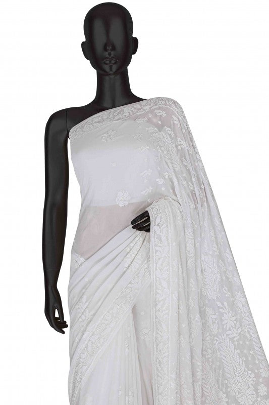 Ada Hand Embroidered White Georgette Lucknowi Chikankari Saree with Blouse A610321