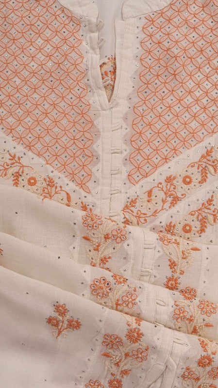 Ada Hand Embroidered White Chanderi Lucknowi Chikan Unstitched Kurta Dupatta Set With Muqaish Work A350999