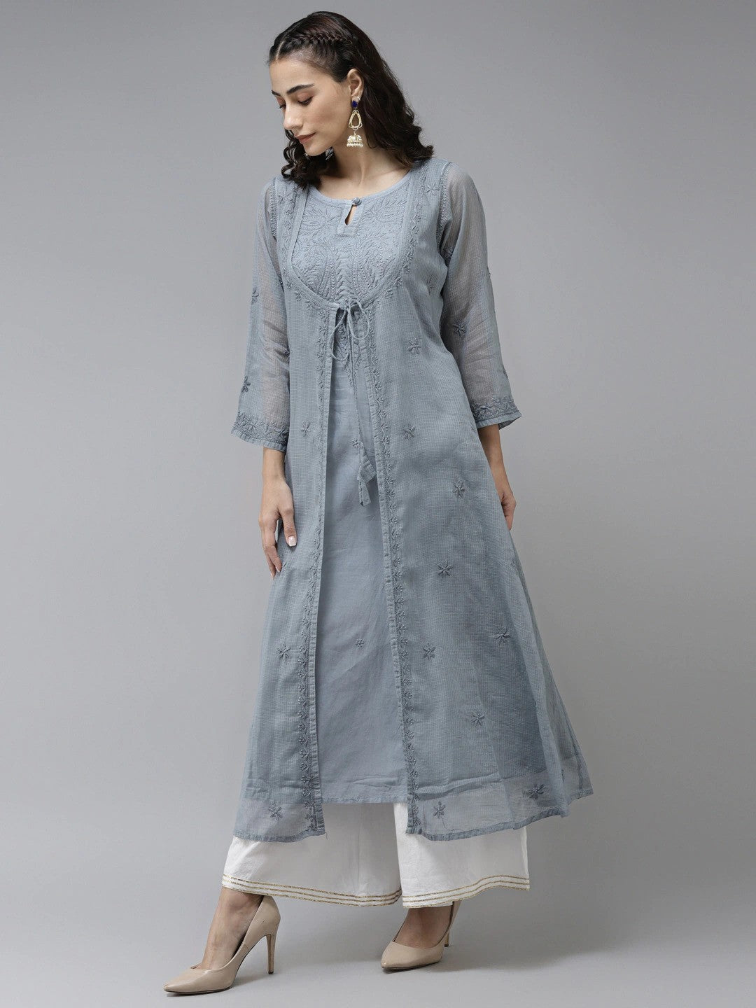 Ada Hand Embroidered Grey Kota Lucknowi Chikankari A-Line Kurta- A411170
