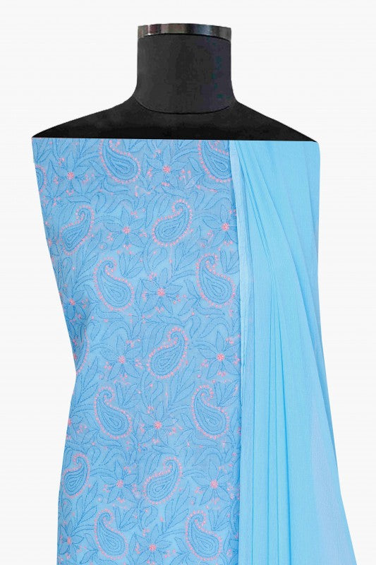 Ada Hand Embroidered Blue Cotton Lucknowi Chikan Unstitched Suit Piece-A100166