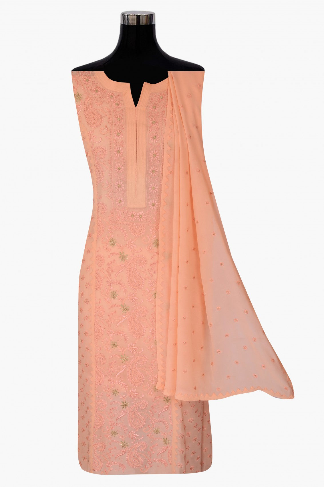 Ada Hand Embroidered Peach Pure Georgette Lucknowi Chikankari Unstitched Kurta Dupatta Set With Zari Work A374517