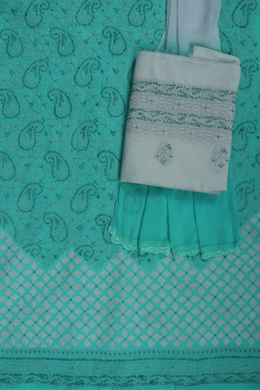 Ada Hand Embroidered Sea Green Cotton Lucknowi Chikankari Unstitched Suit Piece 01A177917