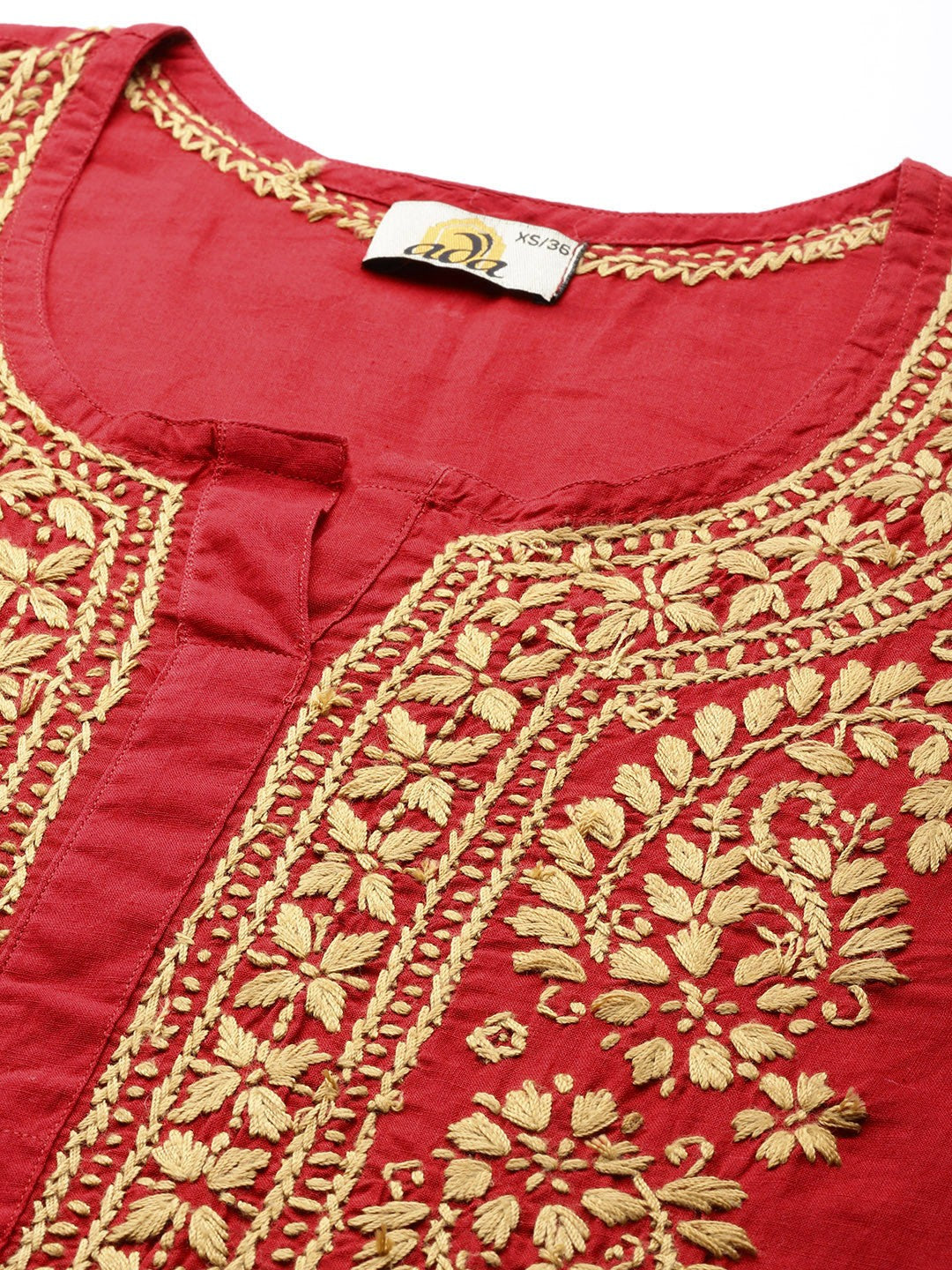 Ada Hand Embroidered Red Cotton Lucknowi Chikankari Straight Kurta A188271