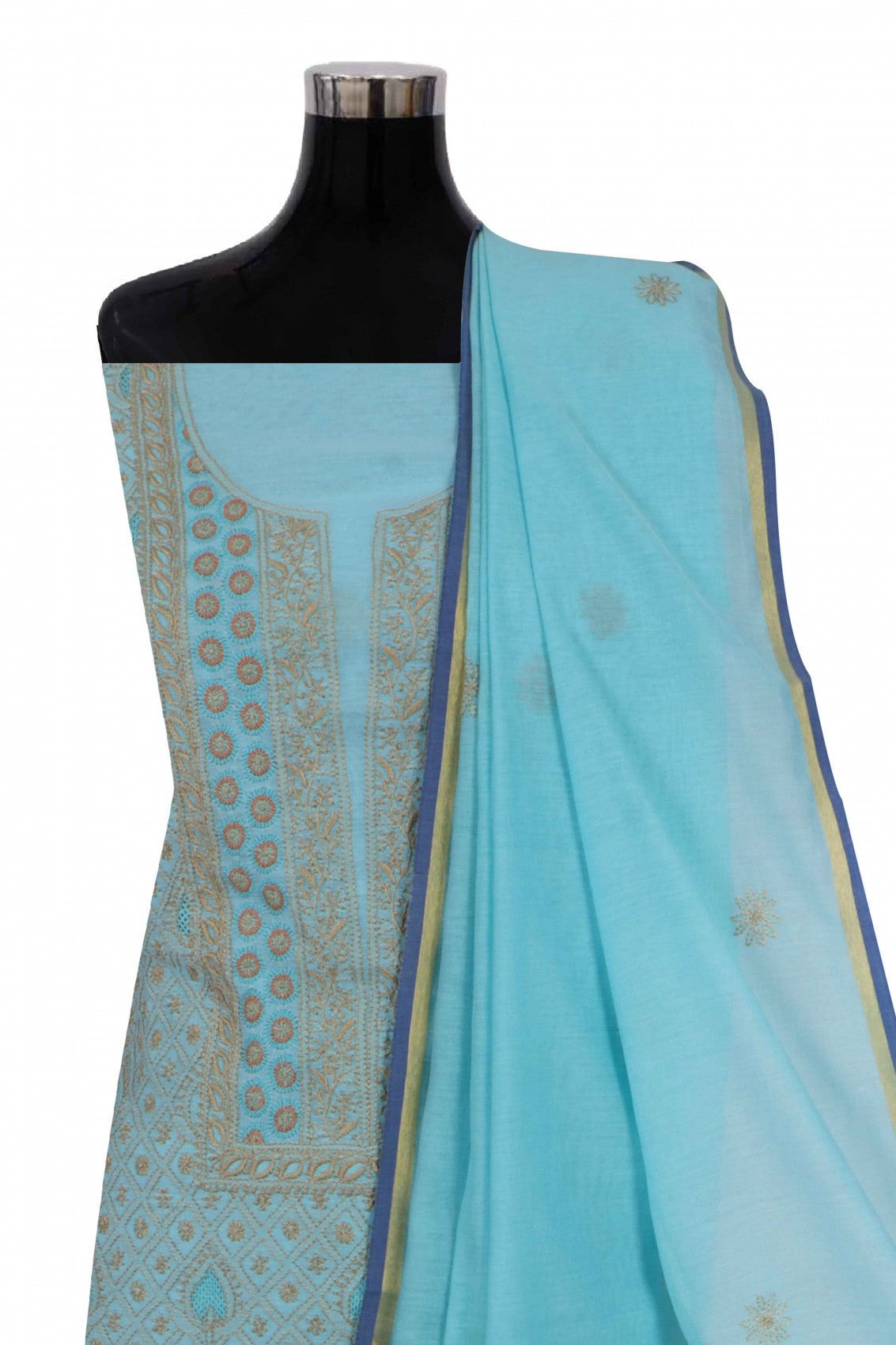 Ada Hand Embroidered Powder Blue Chanderi Lucknowi Chikan Unstitched Suit Piece A609234