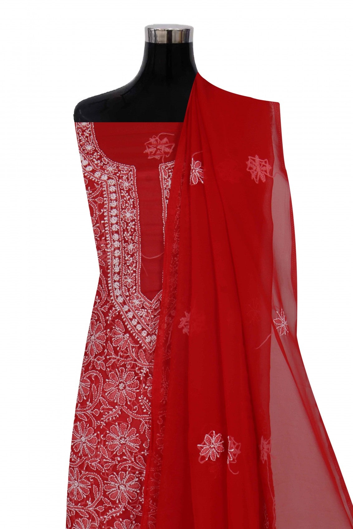 Ada Hand Embroidered Red Georgette Lucknowi Chikan Unstitched Suit Piece A496893