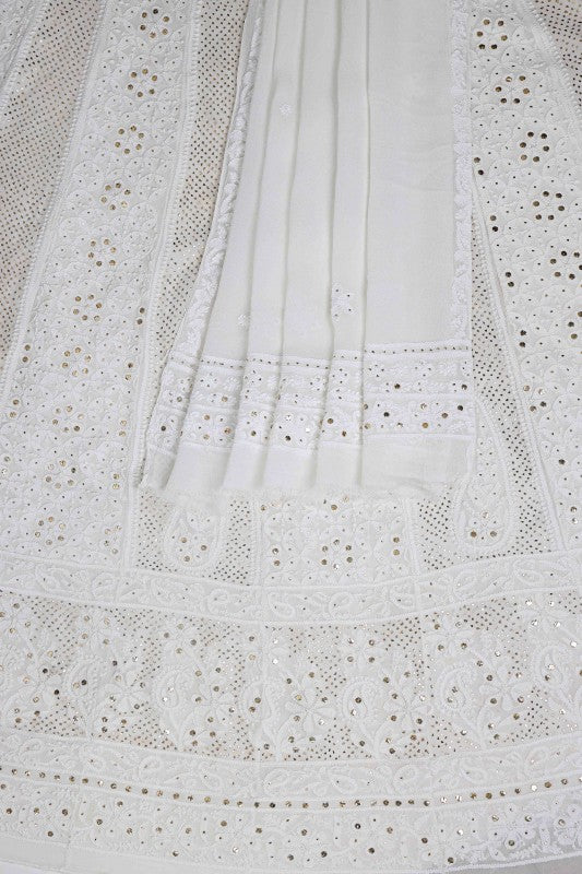 Ada Hand Embroidered White Georgette Semi-stitched Anarkali Kurta Dupatta With Muqaish Work-A614212