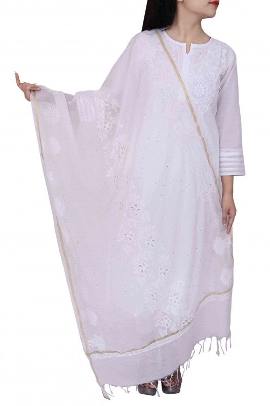 Ada Hand Embroidered White Chanderi Lucknowi Chikankari Dupatta With Muqaish Work - A523144