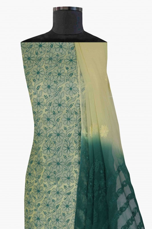 Ada Hand Embroidered Lemon Silk Lucknowi Chikan Unstitched Kurta Dupatta Set A581109