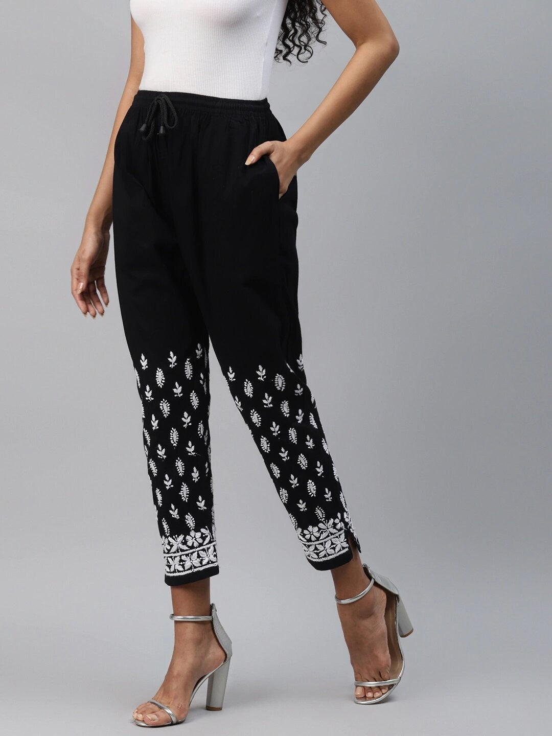Ada Hand Embroidered Black Cotton Lucknowi Chikankari Palazzo A711124