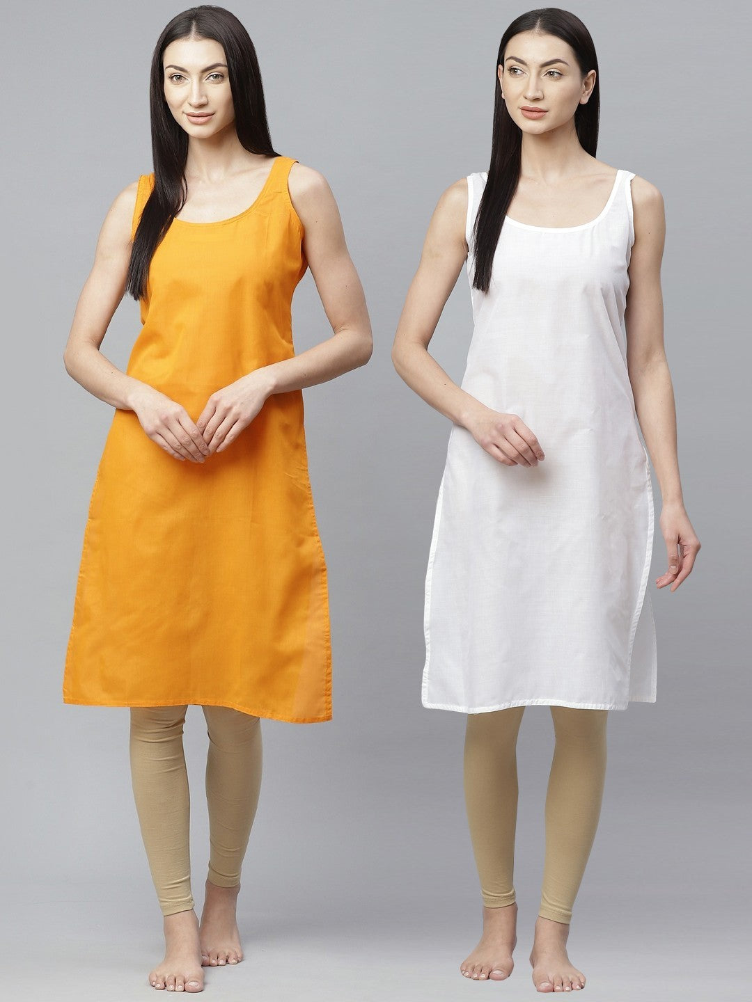 Ada White and Mustard Cotton Long Slips Combo of 2 A111125.