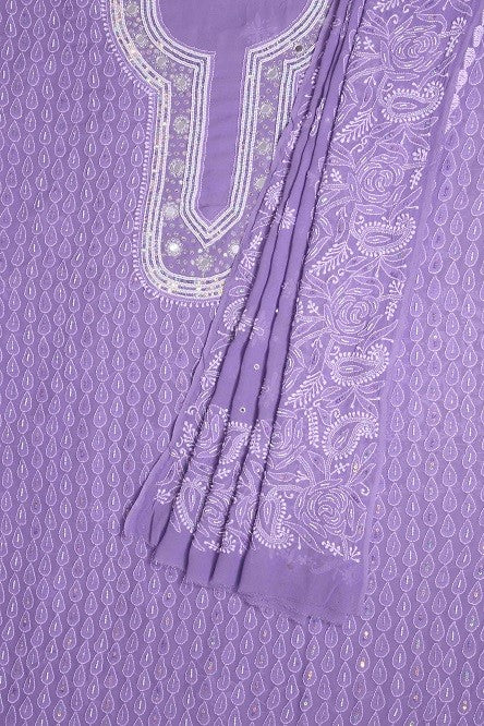Ada Hand Embroidered Mauve Pure Georgette Lucknowi Chikan Unstitched Kurta Dupatta Set with Pearl & Sequinned Work A623653
