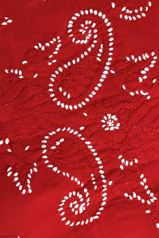 Ada Hand Embroidered Red Cotton Lucknowi Chikan Unstitched Suit Piece–A100155