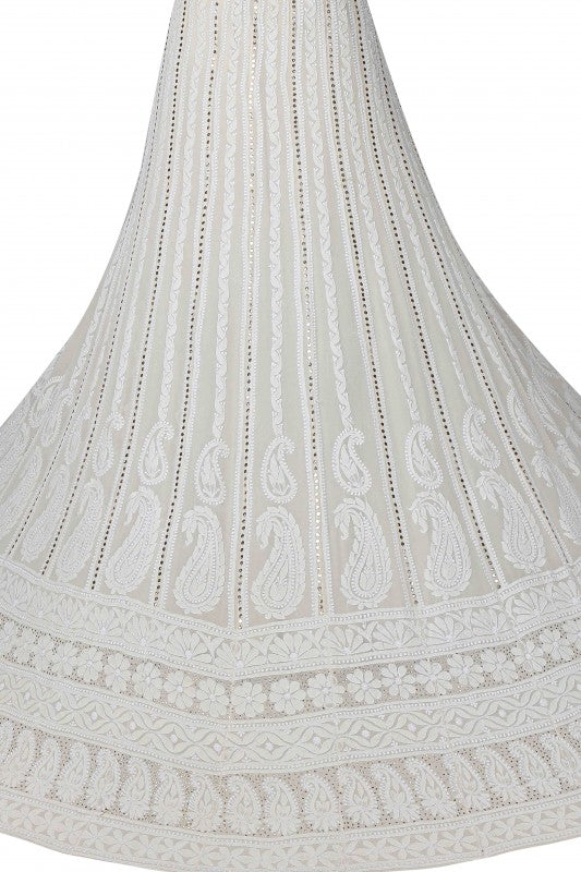 Ada Hand Embroidered Off White Pure Georgette Lucknowi Chikankari Lehenga Set with Muqaish Work A590681