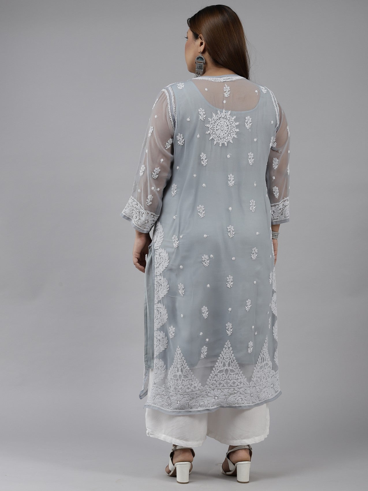 Ada Hand Embroidered Grey Georgette Lucknowi Chikankari Straight Kurta With Slip A411196