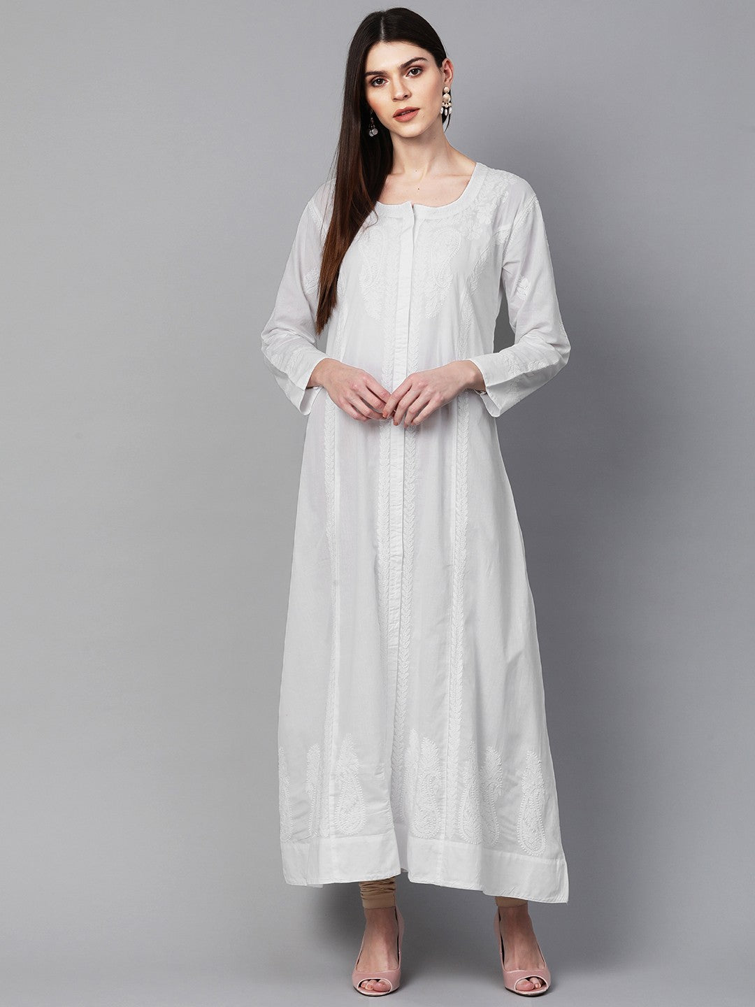 Ada Hand Embroidered White Cotton  Lucknowi Chikankari A-line Kurta A100418