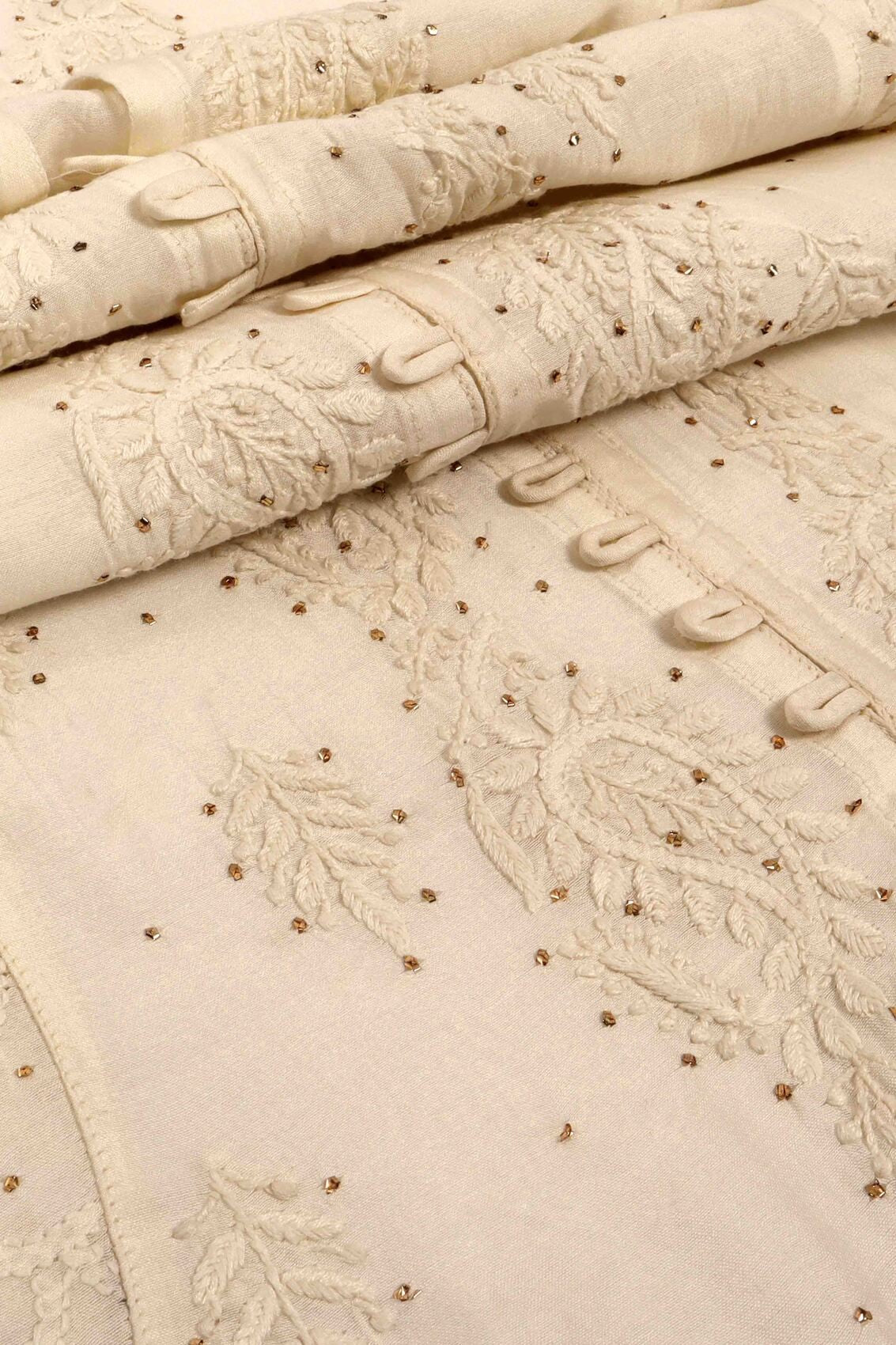 Ada Hand Embroidered White Chanderi Lucknowi Chikanakari Unstitched Kurta Piece With Muqaish Work A595344