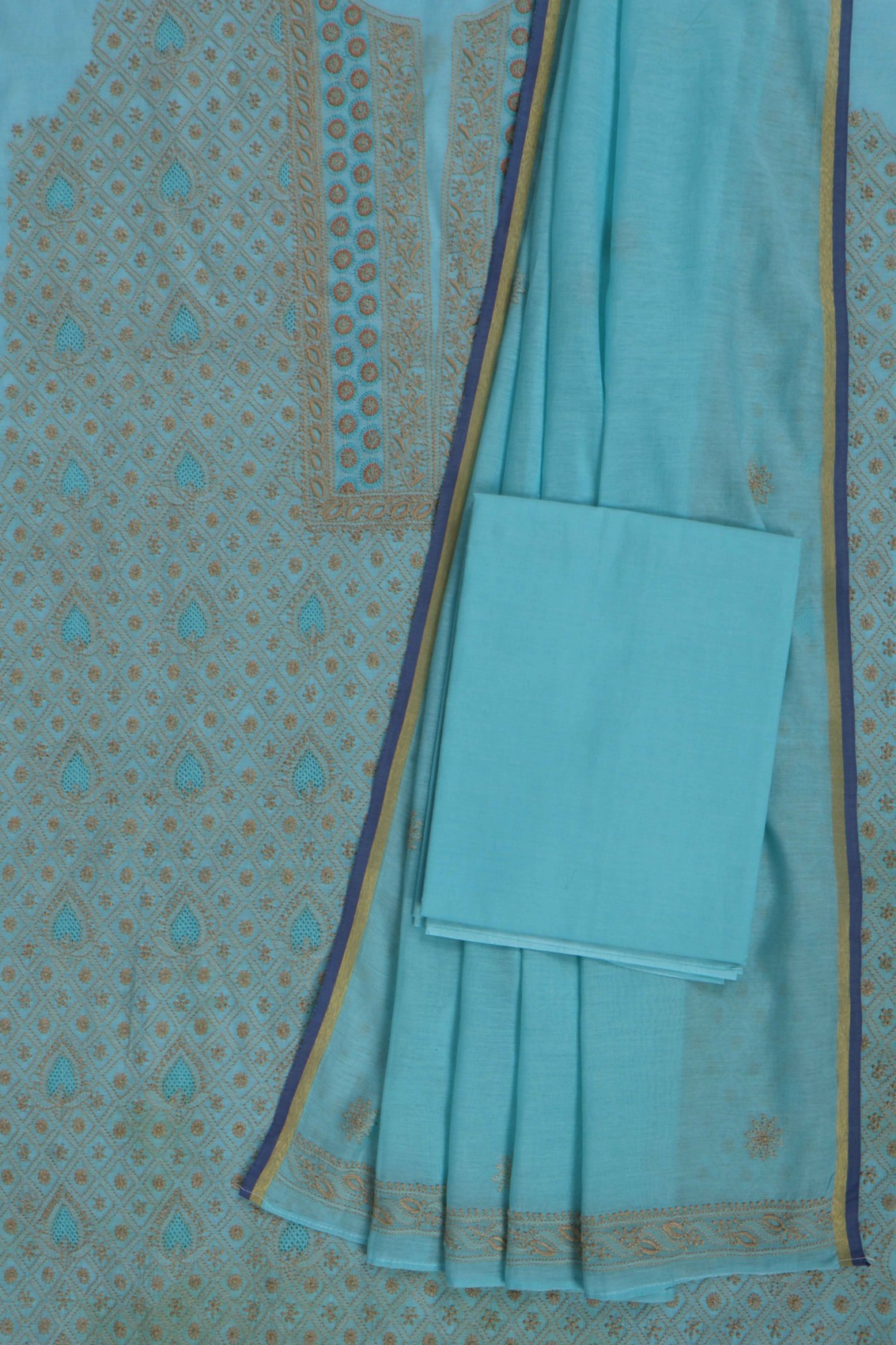 Ada Hand Embroidered Powder Blue Chanderi Lucknowi Chikan Unstitched Suit Piece A609234
