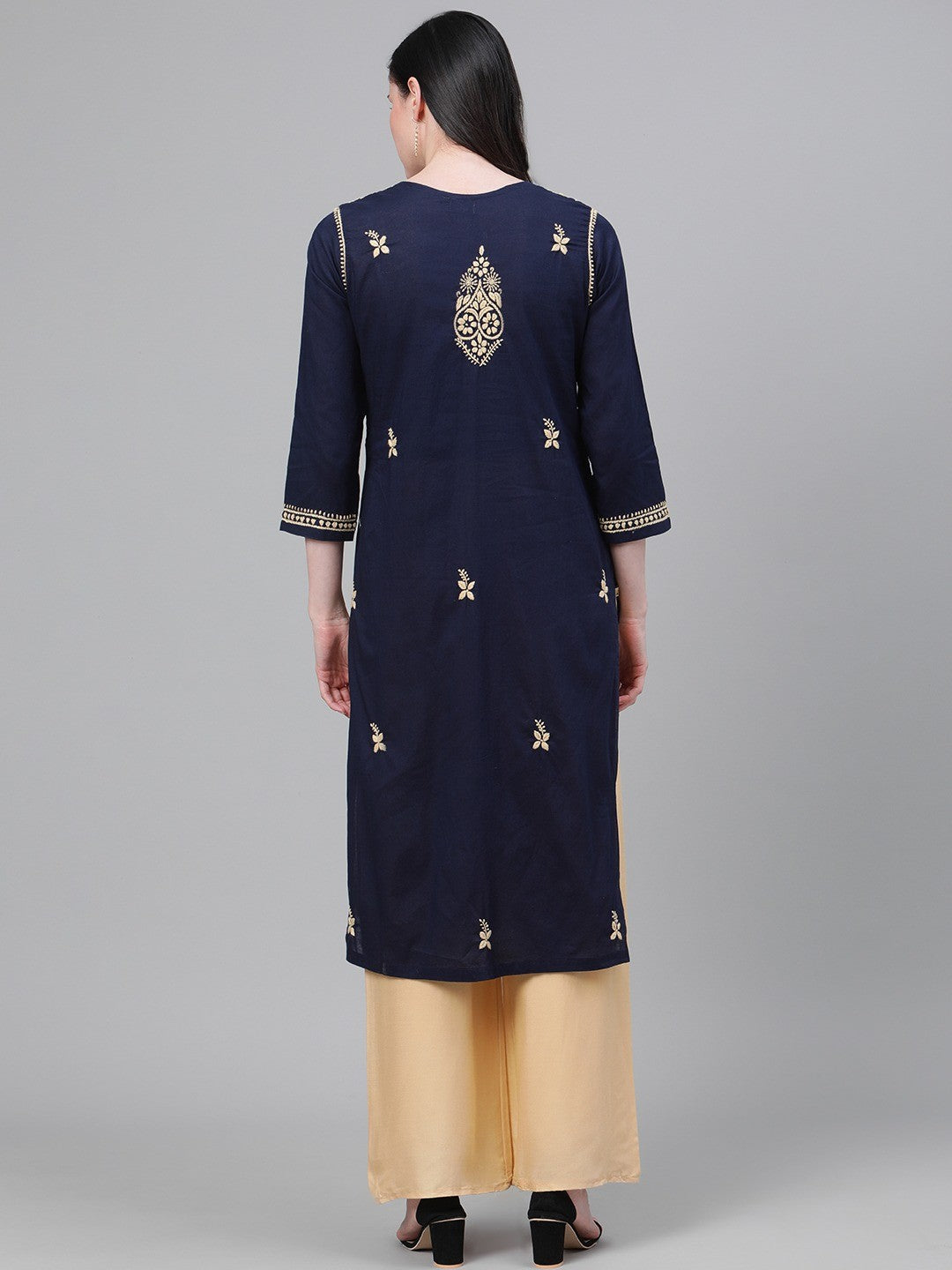 Ada Hand Embroidered Navy Blue Cotton Lucknowi Chikankari Straight Kurta A411150
