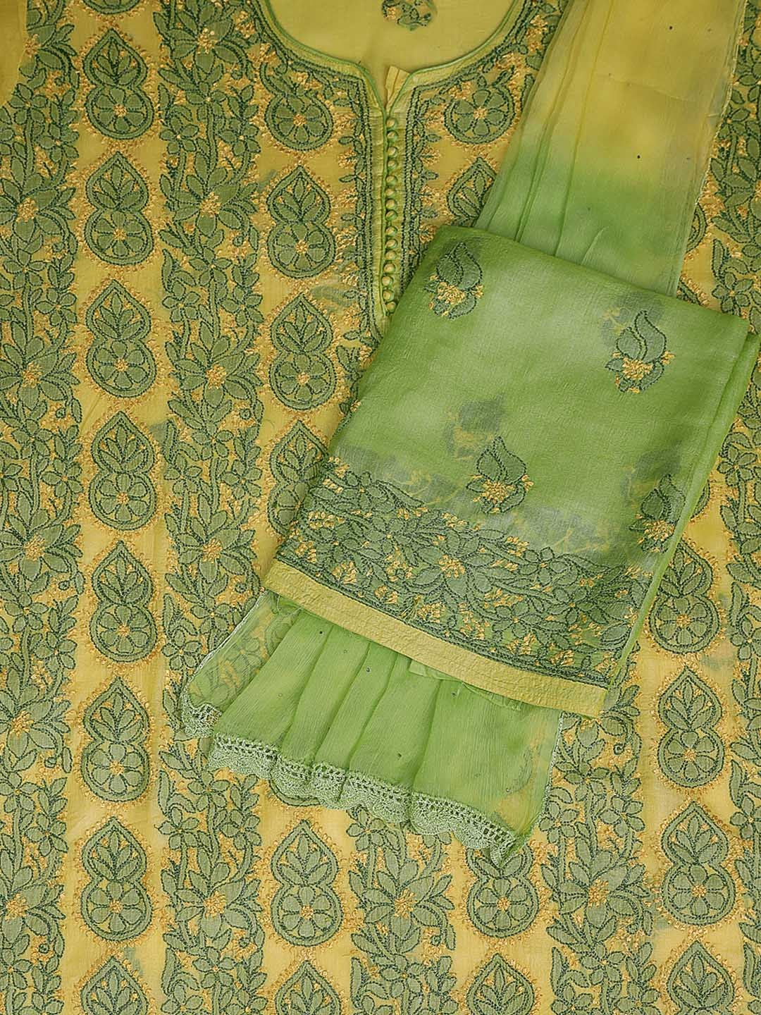 Ada Hand Embroidered Lemon Silk Lucknowi Chikan Unstitched Suit Piece–A608350