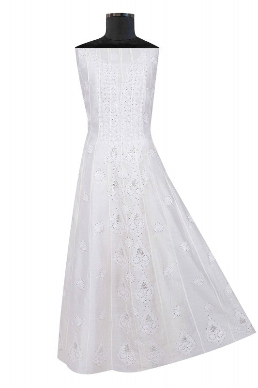 Ada Hand Embroidered White Chanderi Lucknowi Chikankari Semi-Stitched Anarkali Kurta Piece With Muqaish Work A609248