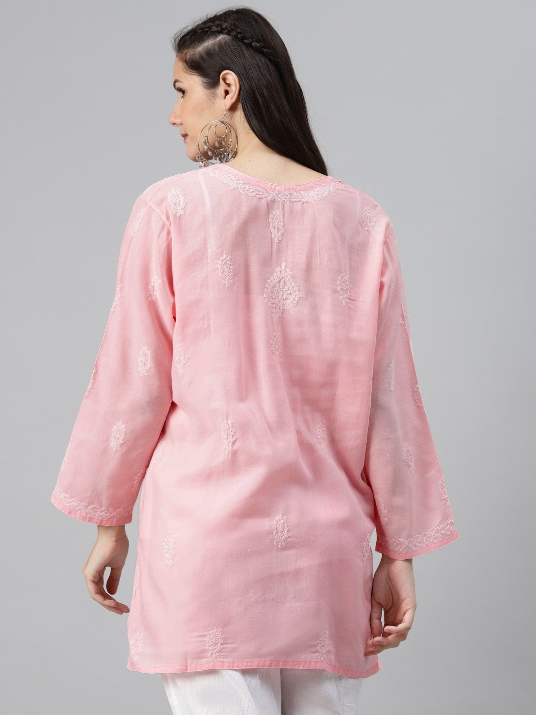 Ada Hand Embroidered Pink Cotton Lucknowi Chikan Kurti A509493