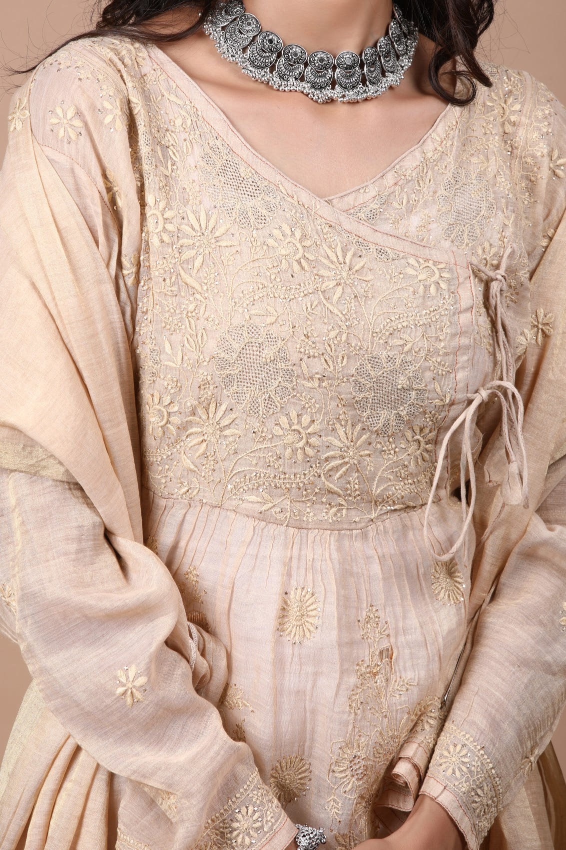 Ada Hand Embroidered Natural Fawn Tissue Lucknowi Chikankari Semi-stitched Kurta Dupatta Set With Muqaish Work 01A111783
