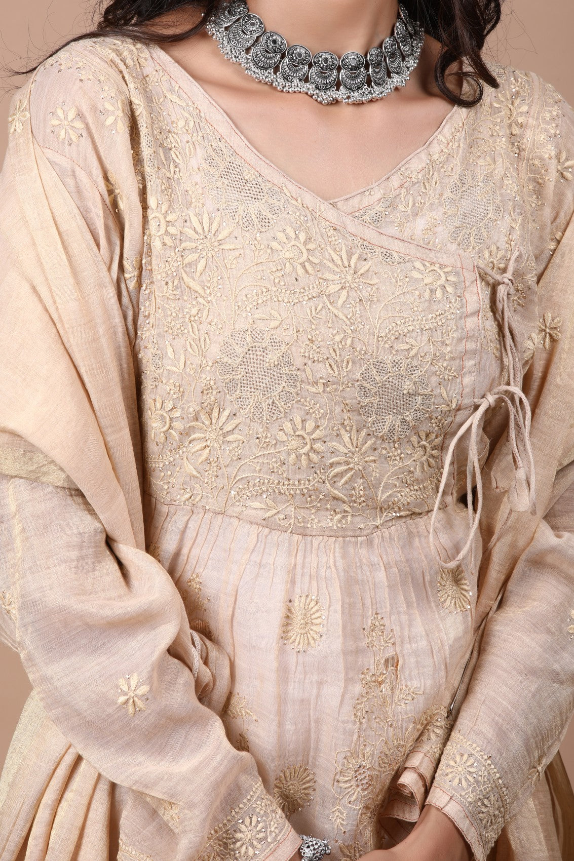 Ada Hand Embroidered Natural Fawn Tissue Lucknowi Chikankari Semi-stitched Kurta Dupatta Set With Muqaish Work 01A111783