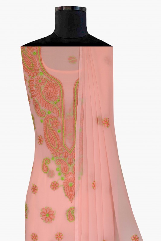 Ada Hand Embroidered Peach Georgette Lucknowi Chikankari Unstitched Suit Piece A211192