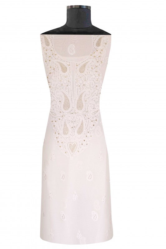 Ada Hand Embroidered White Georgette Lucknowi Chikan Unstitched Kurta Piece with Muqaish Work A339929