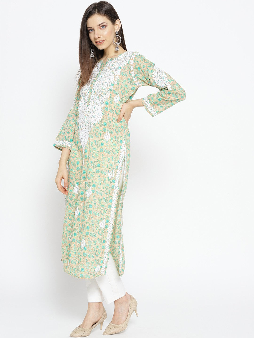 Ada Hand Embroidered Fawn Green Cotton Lucknowi Chikankari Straight Kurta- A100037