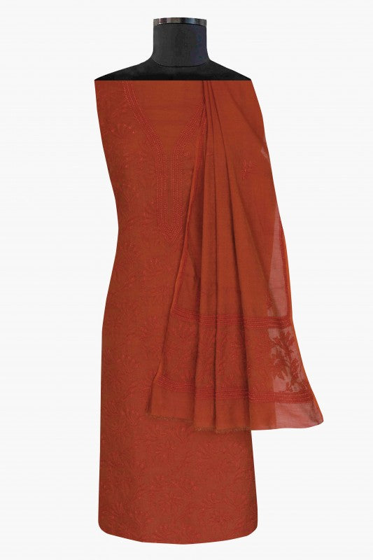 Ada Hand Embroidered Rust Tissue Lucknowi Chikan Unstitched Kurta Dupatta Set-A62147
