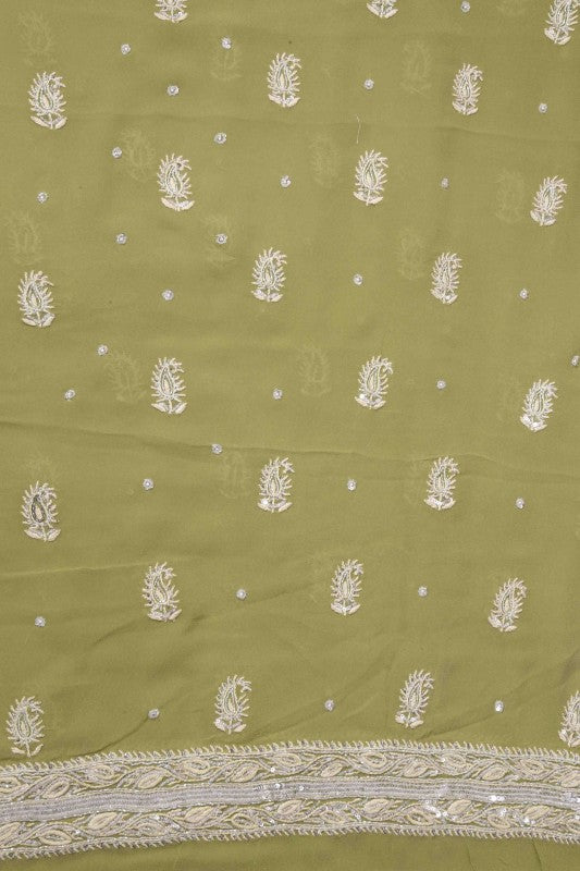 Ada Hand Embroidered Sage Green Pure Georgette Chikan Unstitched Kurta Dupatta Set with Sequinned Work - A511812