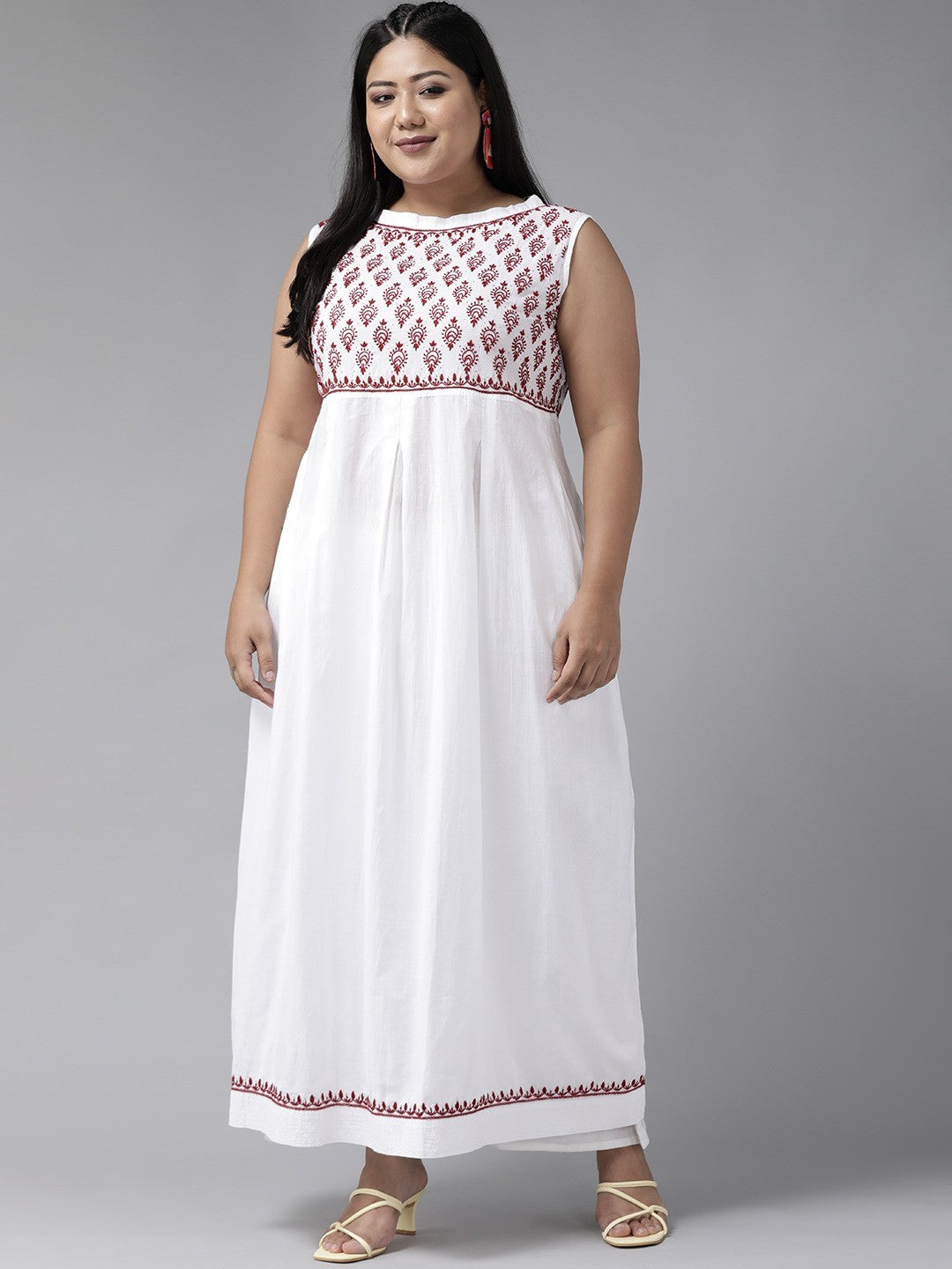 Ada Hand Embroidered White Cotton Lucknowi Chikankari A-line Kurta with Muqaish Work A100467