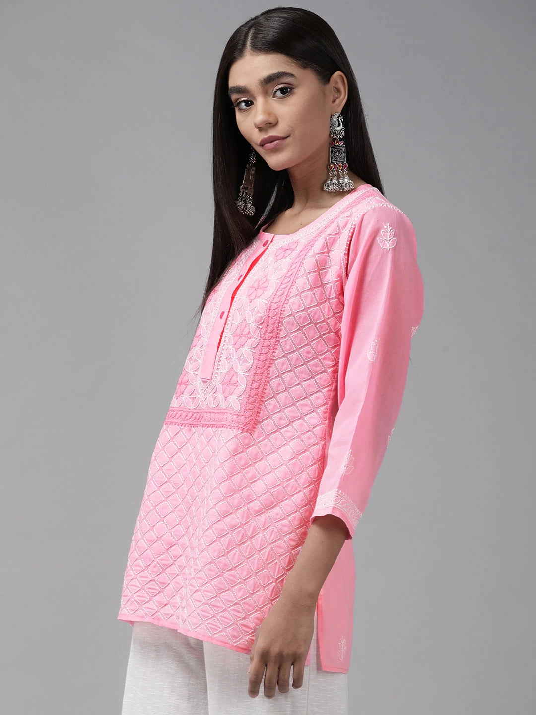 Ada Hand Embroidered Dark Pink Cotton Lucknowi Chikankari Straight Kurti A911242