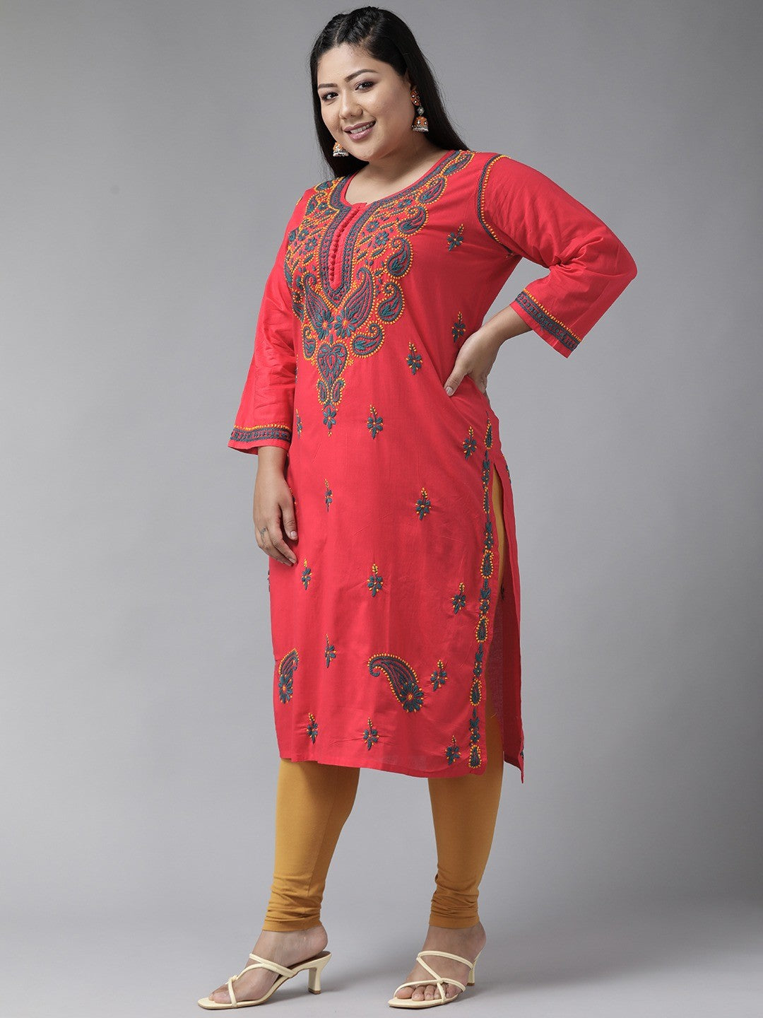 Ada Hand Embroidered Carrot Pink Cotton Lucknowi Chikankari Straight  Kurta A223764