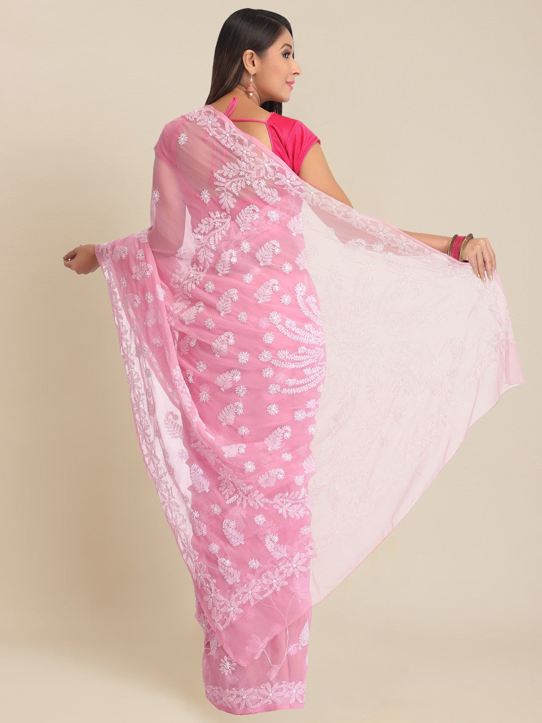 Ada Hand Embroidered Onion Pink Georgette Lucknowi Chikankari Saree with Blouse A129592