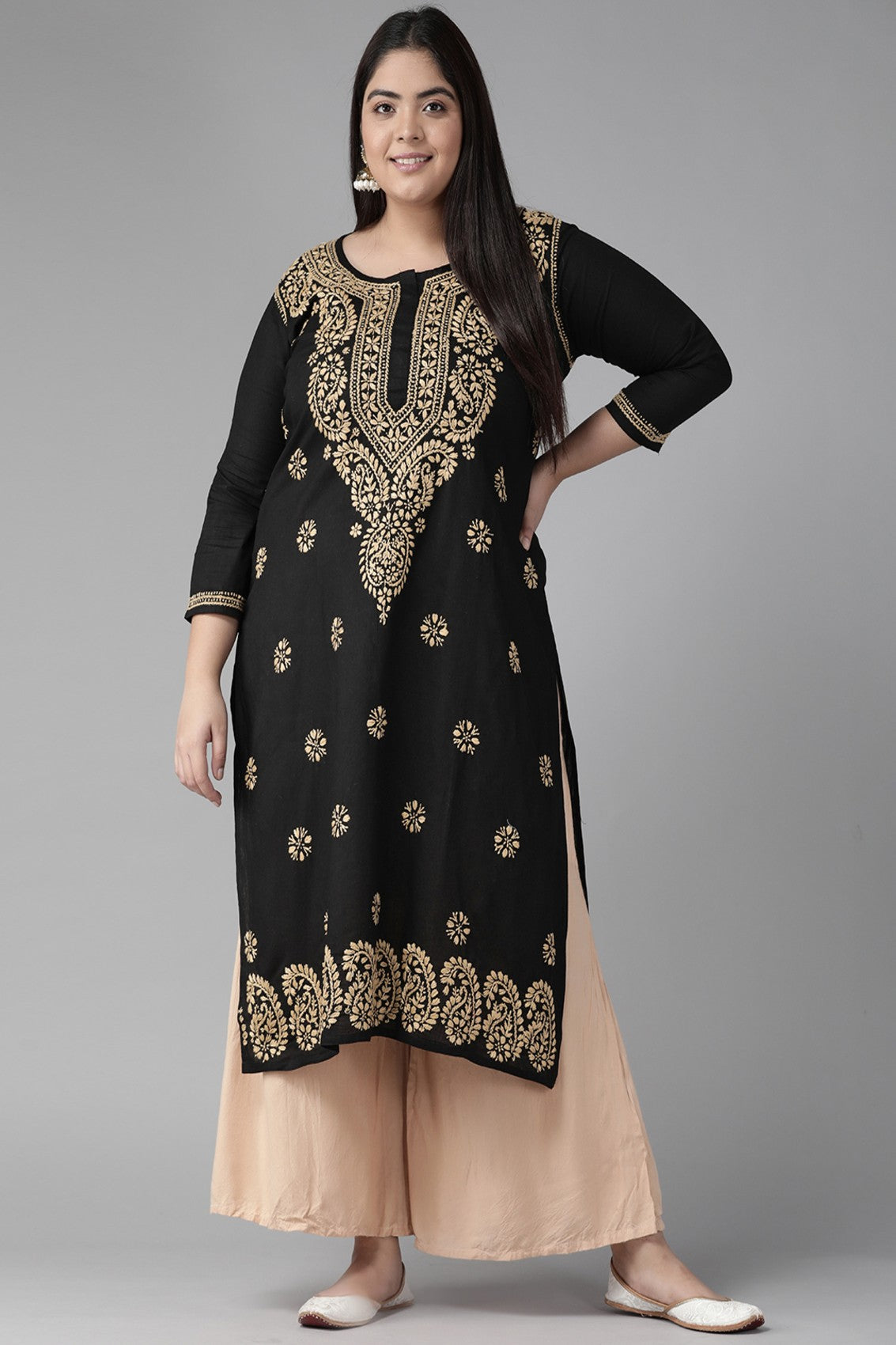 Ada Hand Embroidered Black Cotton Lucknowi Chikankari Straight Kurta A207632