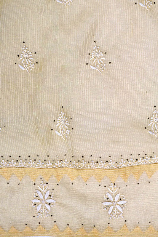 Ada Hand Embroidered Fawn Chanderi Lucknowi Chikan Unstitched Kurta Dupatta Set A145986