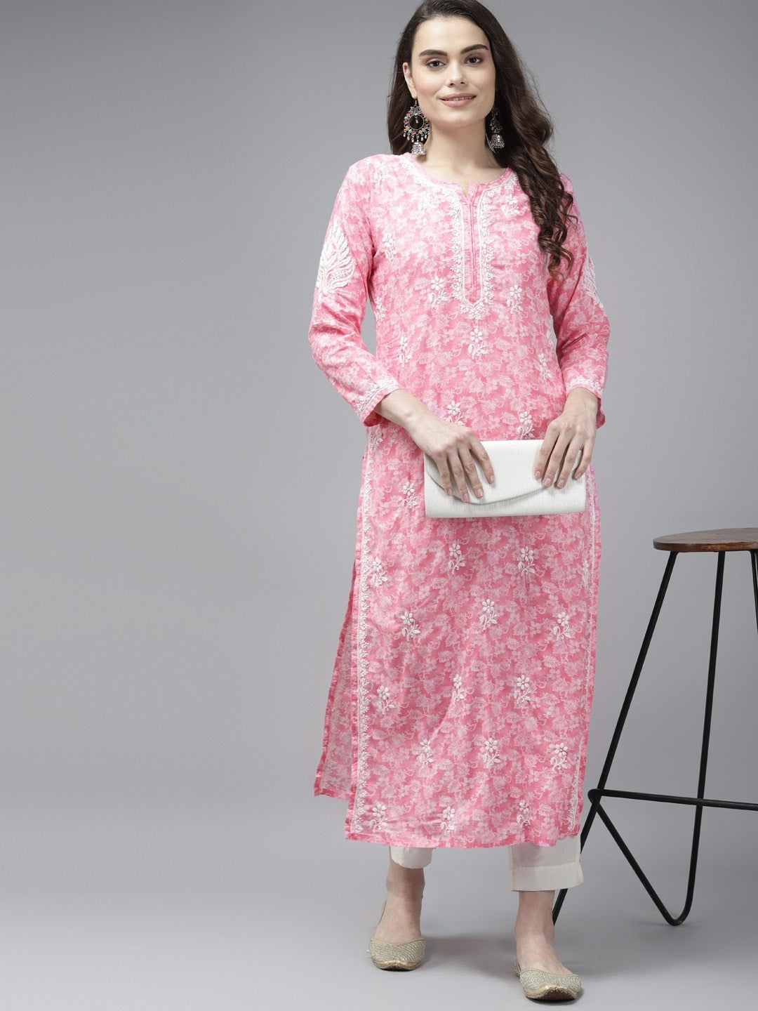 Ada Hand Embroidered Pink Cotton Lucknowi Chikankari Straight Kurta A411381