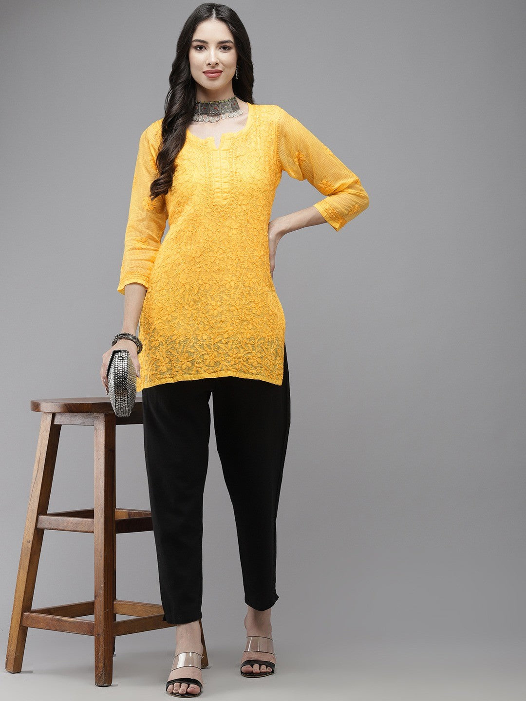 Ada Hand Embroidered Yellow Kota Lucknowi Chikankari Short Kurti With Slip A911179