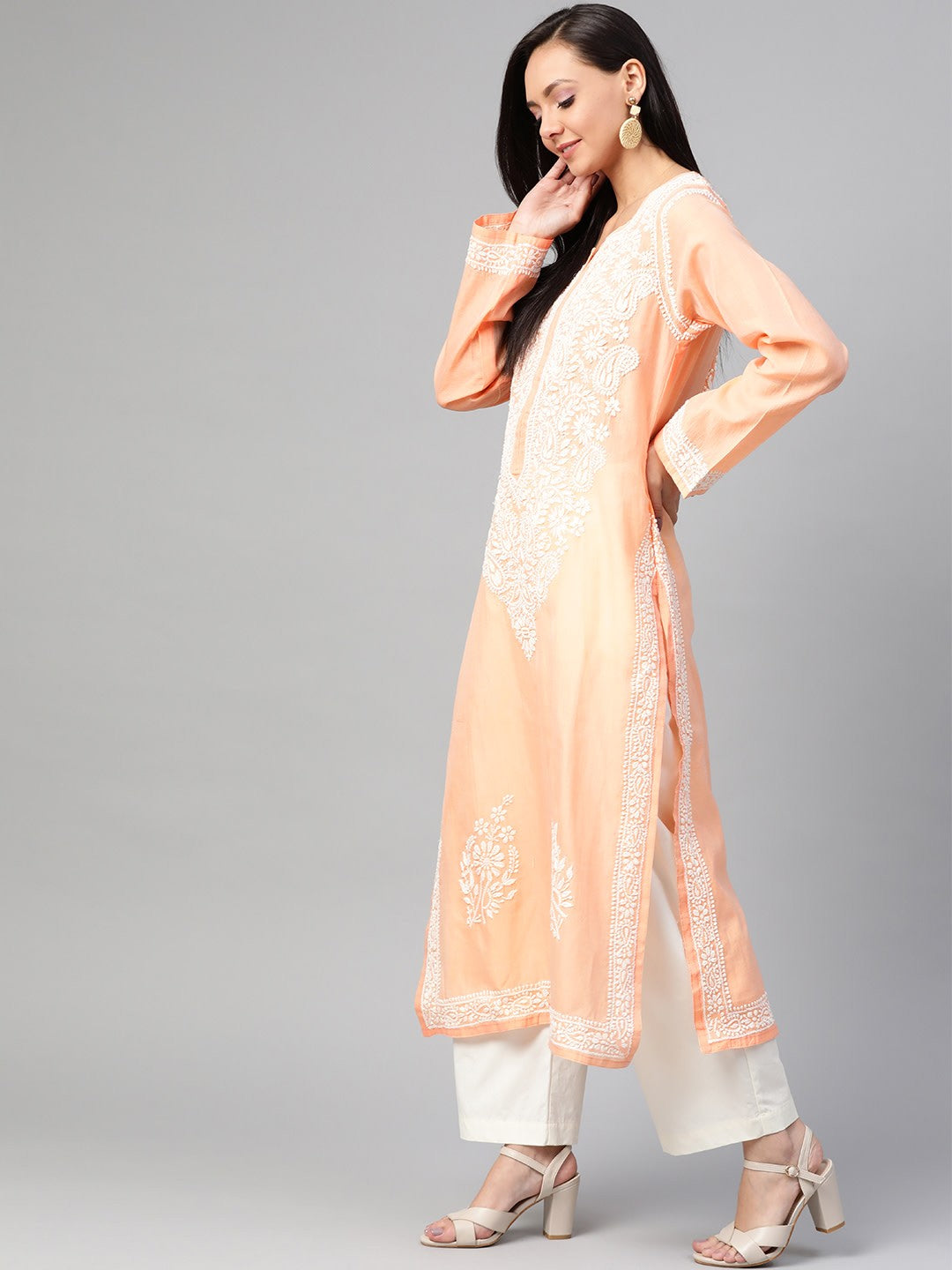 Ada Hand Embroidered Peach Chanderi Lucknowi Chikankari Straight Kurta A100484