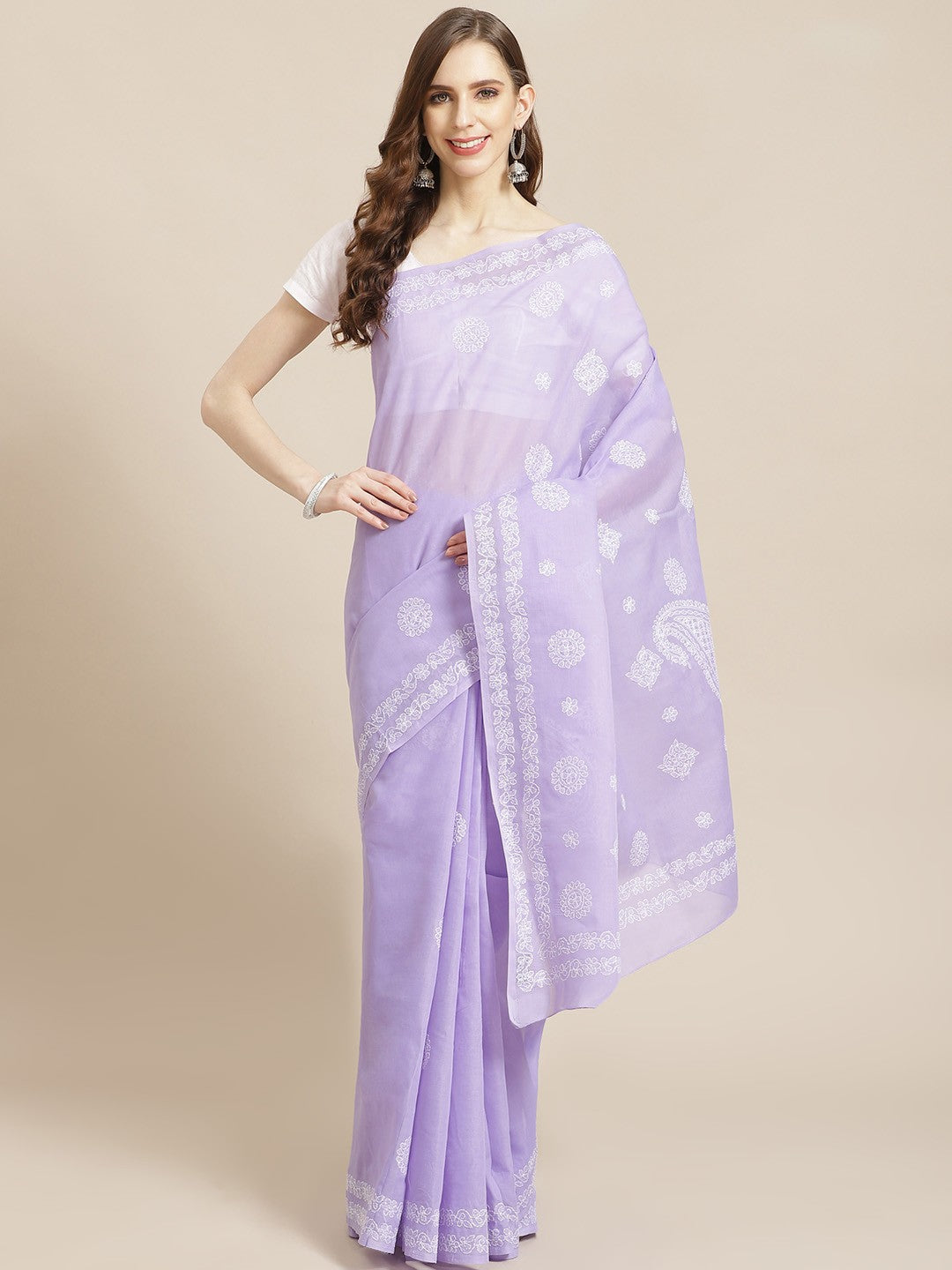 Ada Hand Embroidered Mauve Cotton Lucknow Chikan Saree With Blouse-A311223