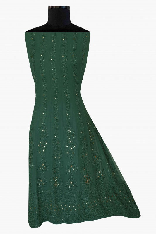 Ada Hand Embroidered Bottle Green Georgette Lucknowi Chikankari Semi-Stitched Anarkali Kurta Dupatta Set With Muqaish Work 01A12700